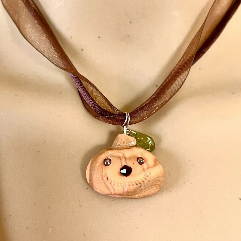 Pumpkin Necklace Polymer Clay Pendant Jack O Lantern Halloween Silver 925 Clasp